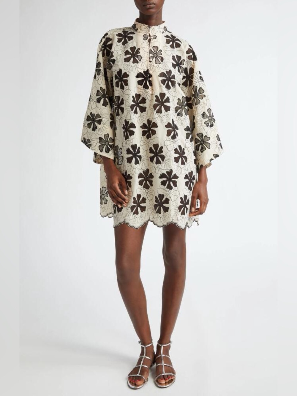 La Vie Style House Embroidered Floral Caftan Mini Dress in Cream/Black, One Size